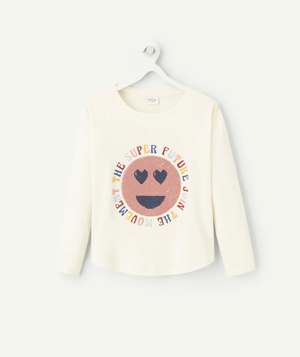 T-SHIRT FILLE EN COTON BIO AVEC SMILEY EN SEQUINS RÉVERSIBLES