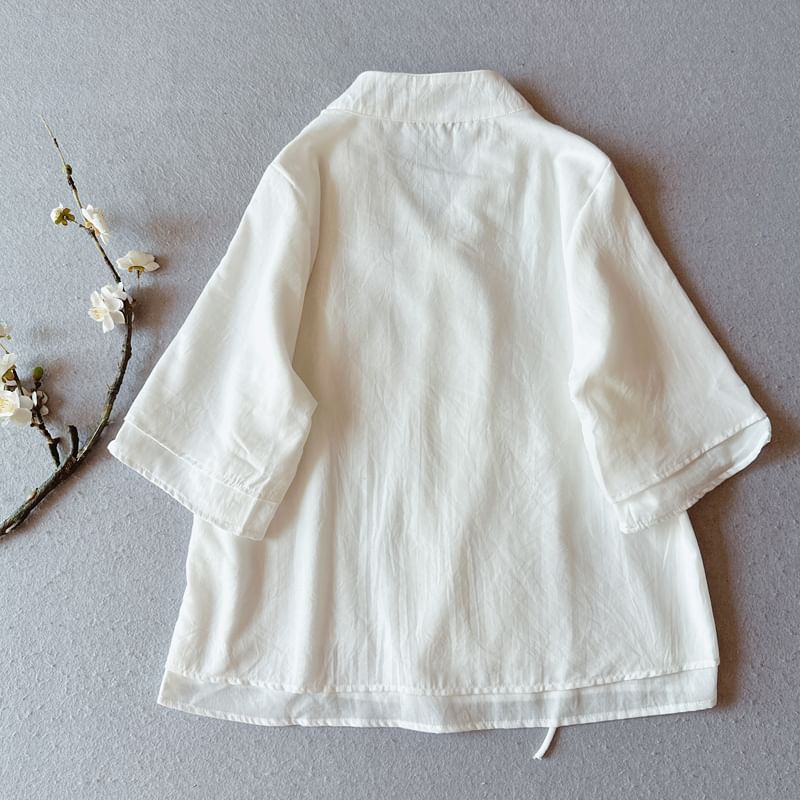 CosmoCorner - Effen Hanfu-blouse met 3/4 mouwen en V-hals