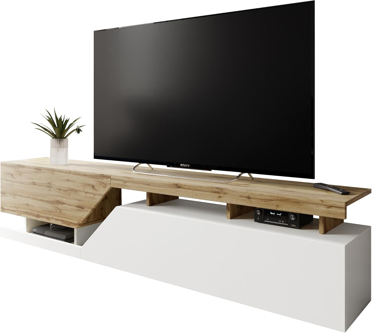 Mirjan24 TV Lowboard Nesezi 200, Grifflose Öffnen, 2 Klappen/Türen, TV Board Sideboard, Unterschrank, Fernsehschrank, TV Tisch, Fernsehtisch (Weiß/Wotan)