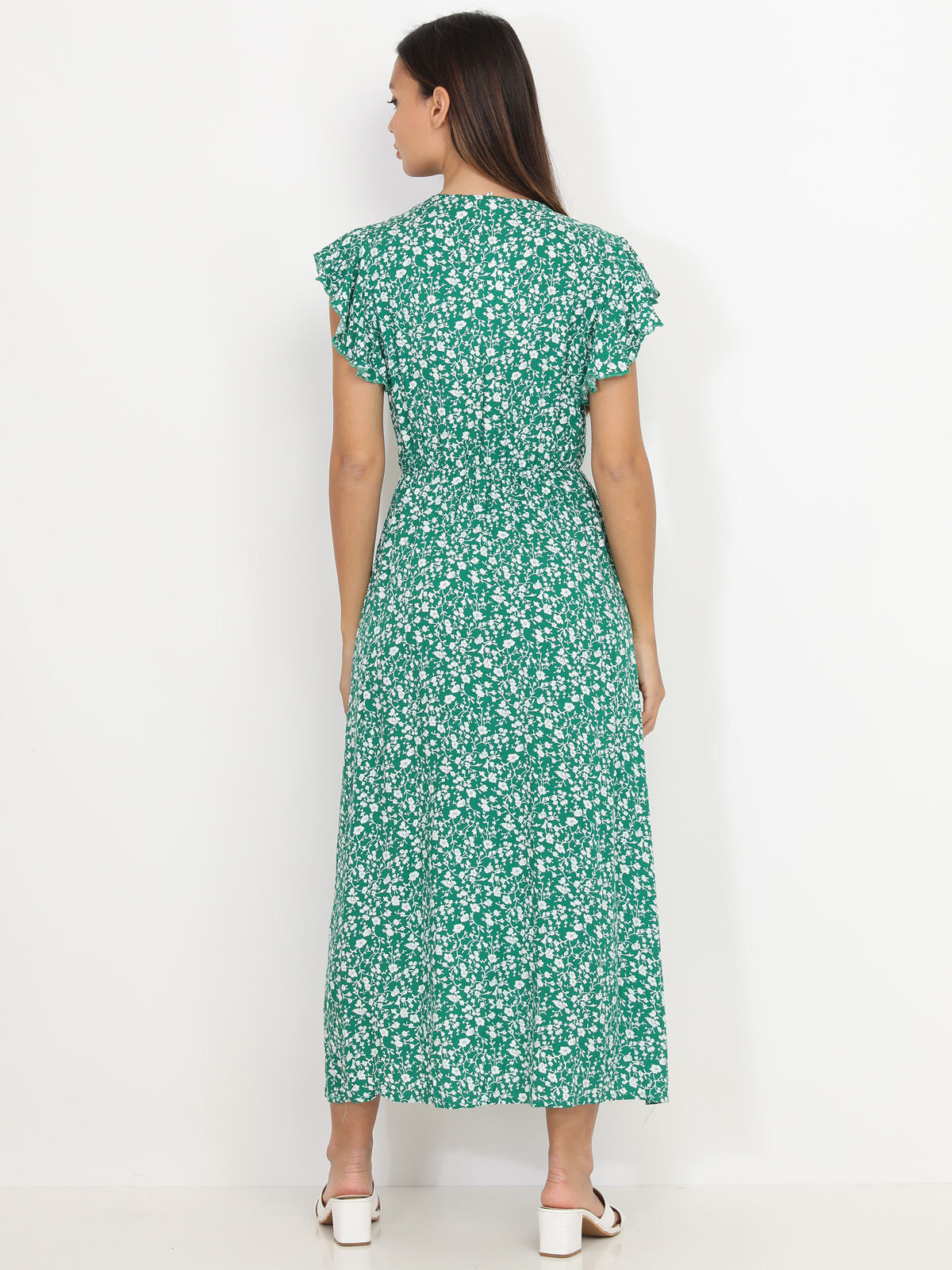 Robe longue fendue à fleurs et volants- Vert