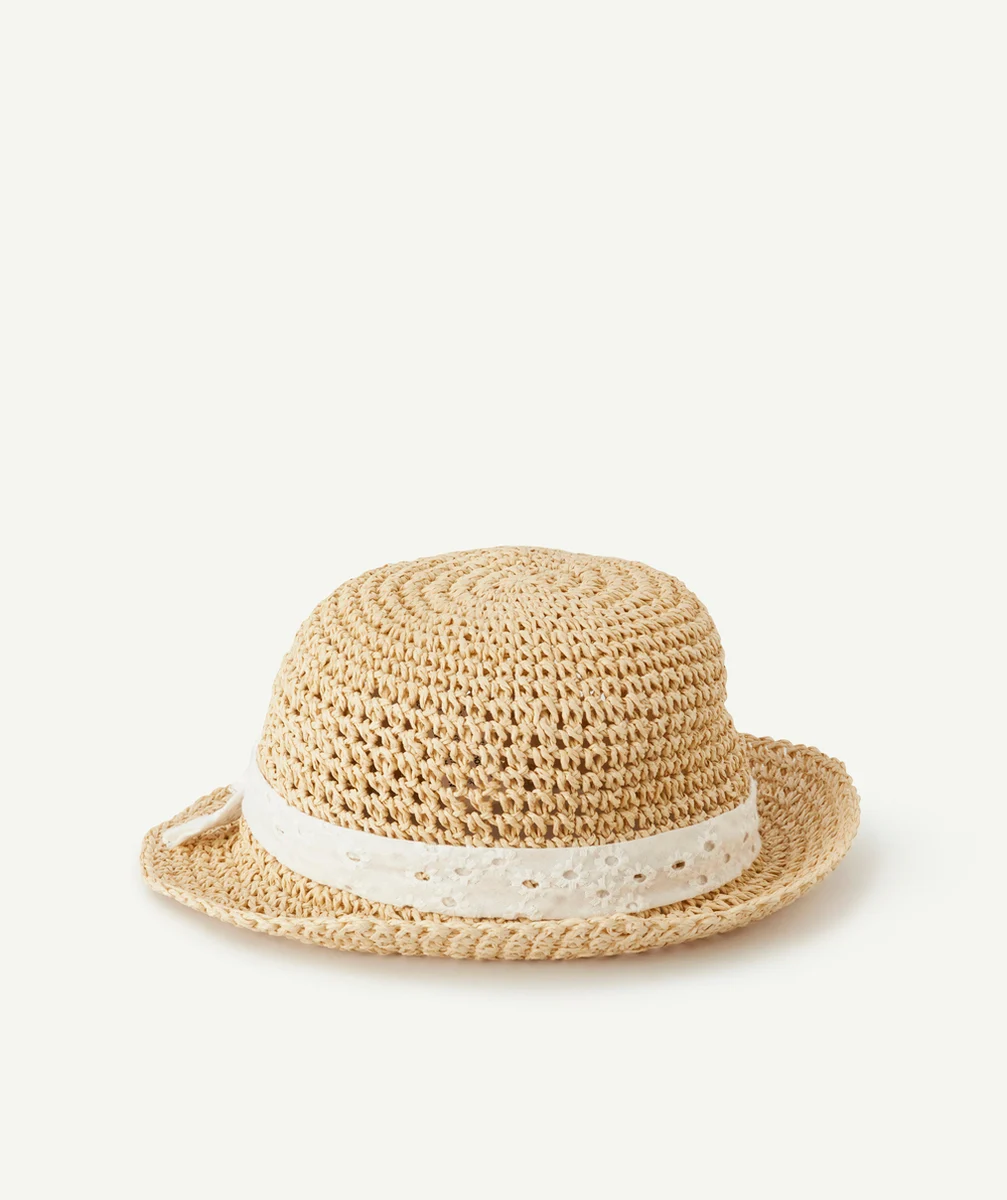 chapeau de paille fille avec ruban blanc brodé