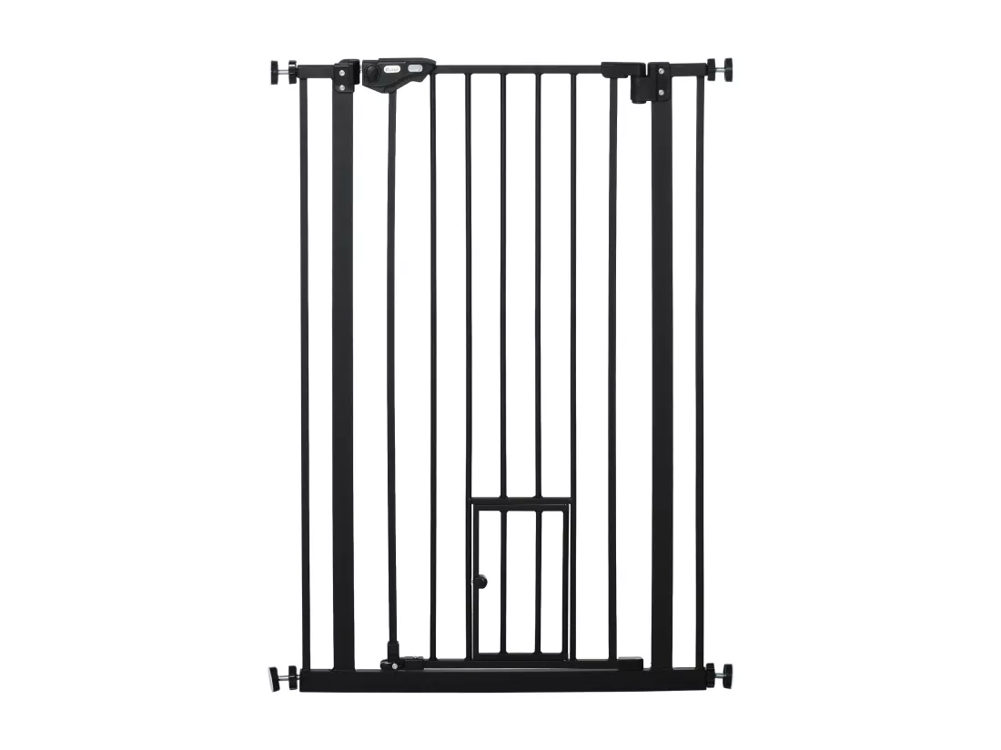 Barrière de sécurité animaux - longueur réglable dim. 74-80 cm - porte double verrouillage, ouverture double sens, petite porte -sans perçage - acier plastique noir