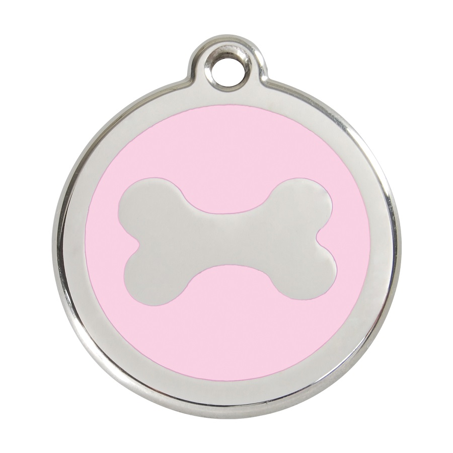 Placa de identificação para cães em aço inoxidável esmaltado com formato de osso rosa