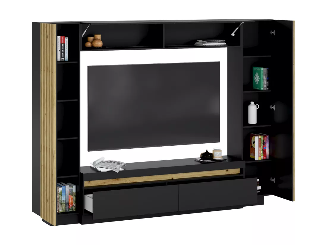 Mur TV avec rangements - LEDs - Noir et Naturel - LIONEA
