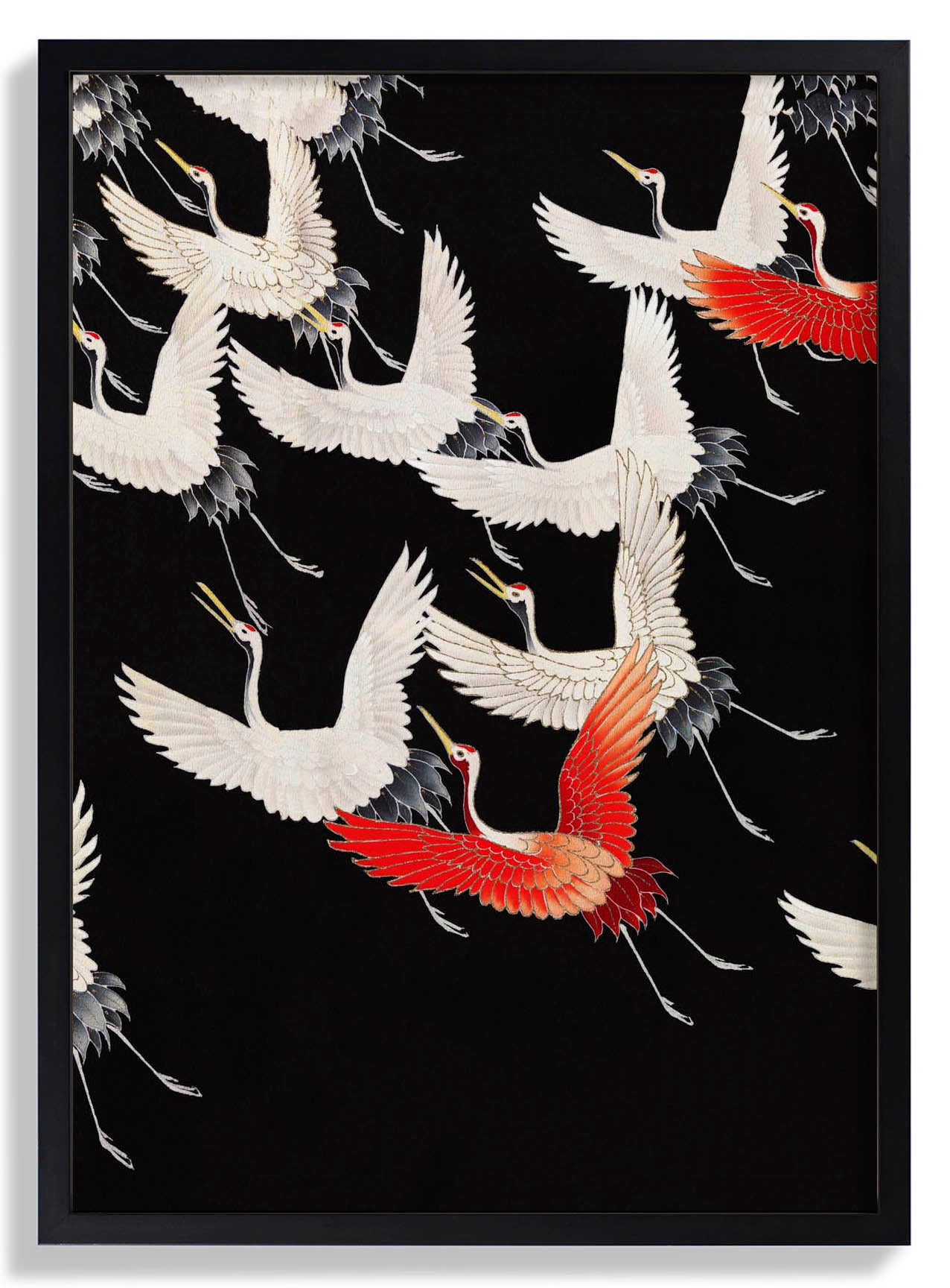 Weiße Kraniche und ein roter fliegender Kimono