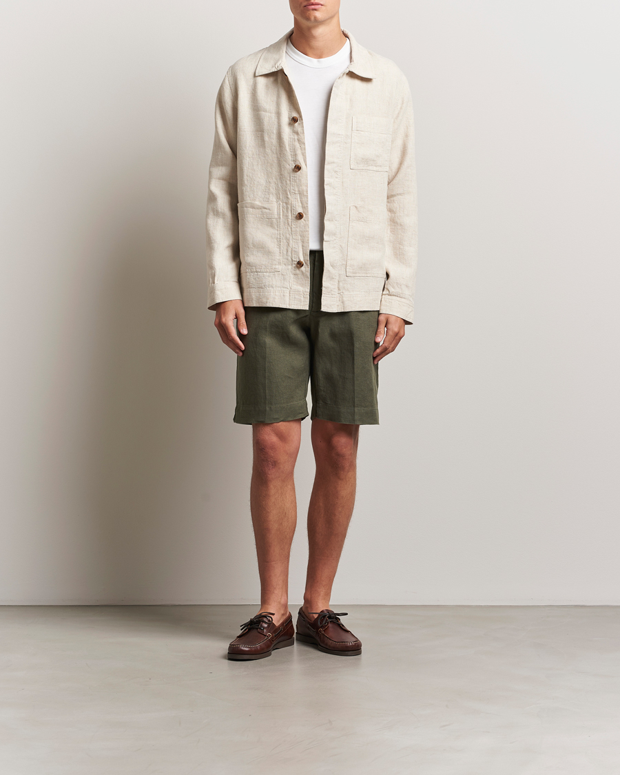 NN07 Billie Pleated Linen Drawstring Shorts Croc Green