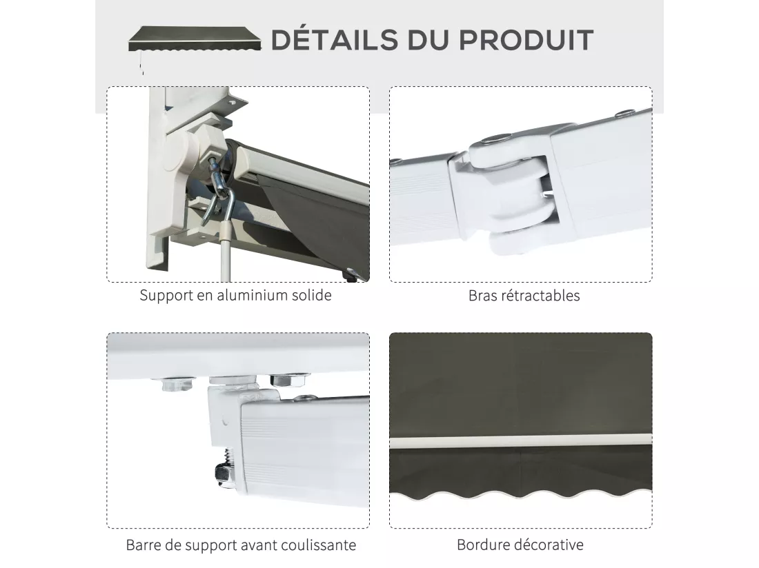 Store banne manuel rétractable aluminium polyester imperméabilisé 3,5L x 2,5l (avancée) m gris