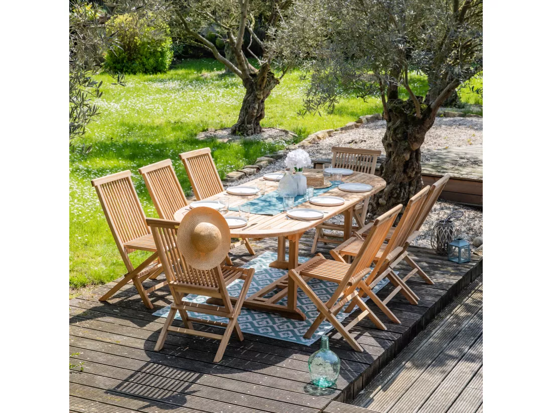 Salon de jardin en teck LOMBOK - table ovale extensible - 8 places - HAPPY GARDEN