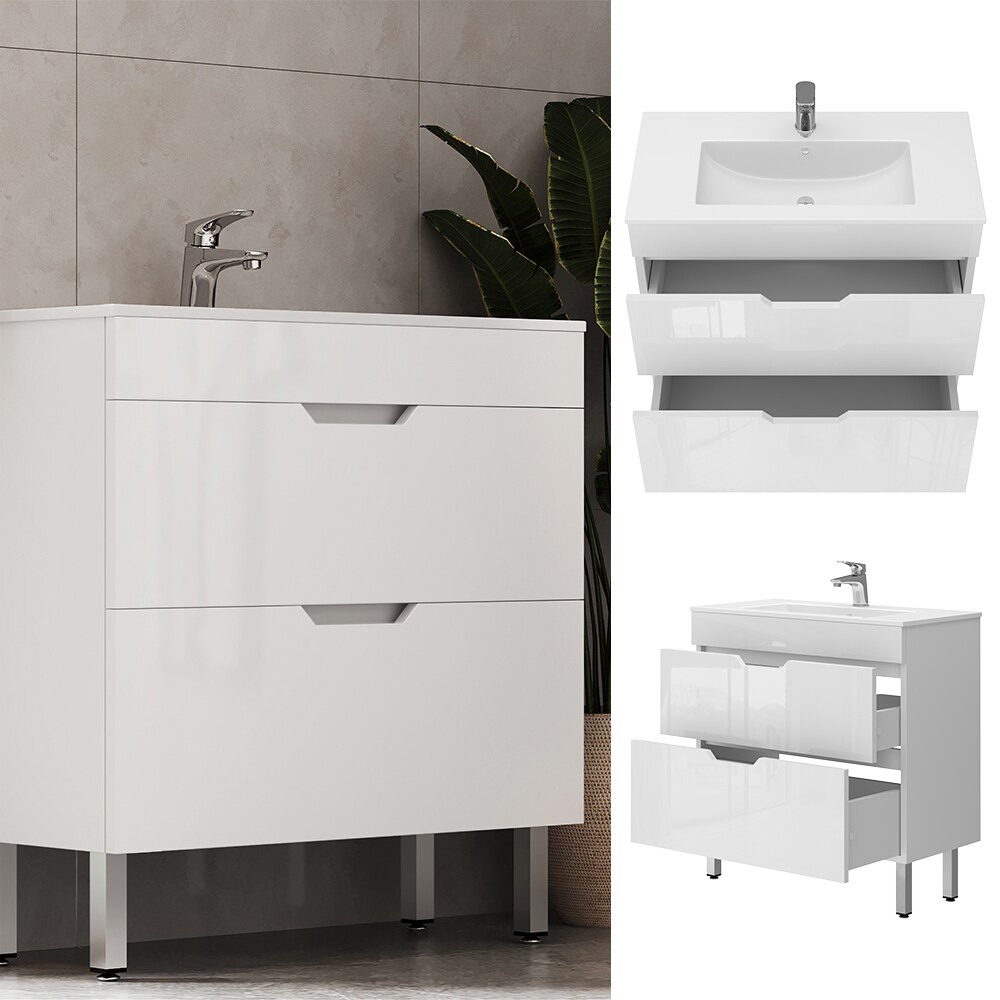 Vicco Waschbecken mit Unterschrank Clayton 80 cm breit, Waschtisch Hochglanz Weiß