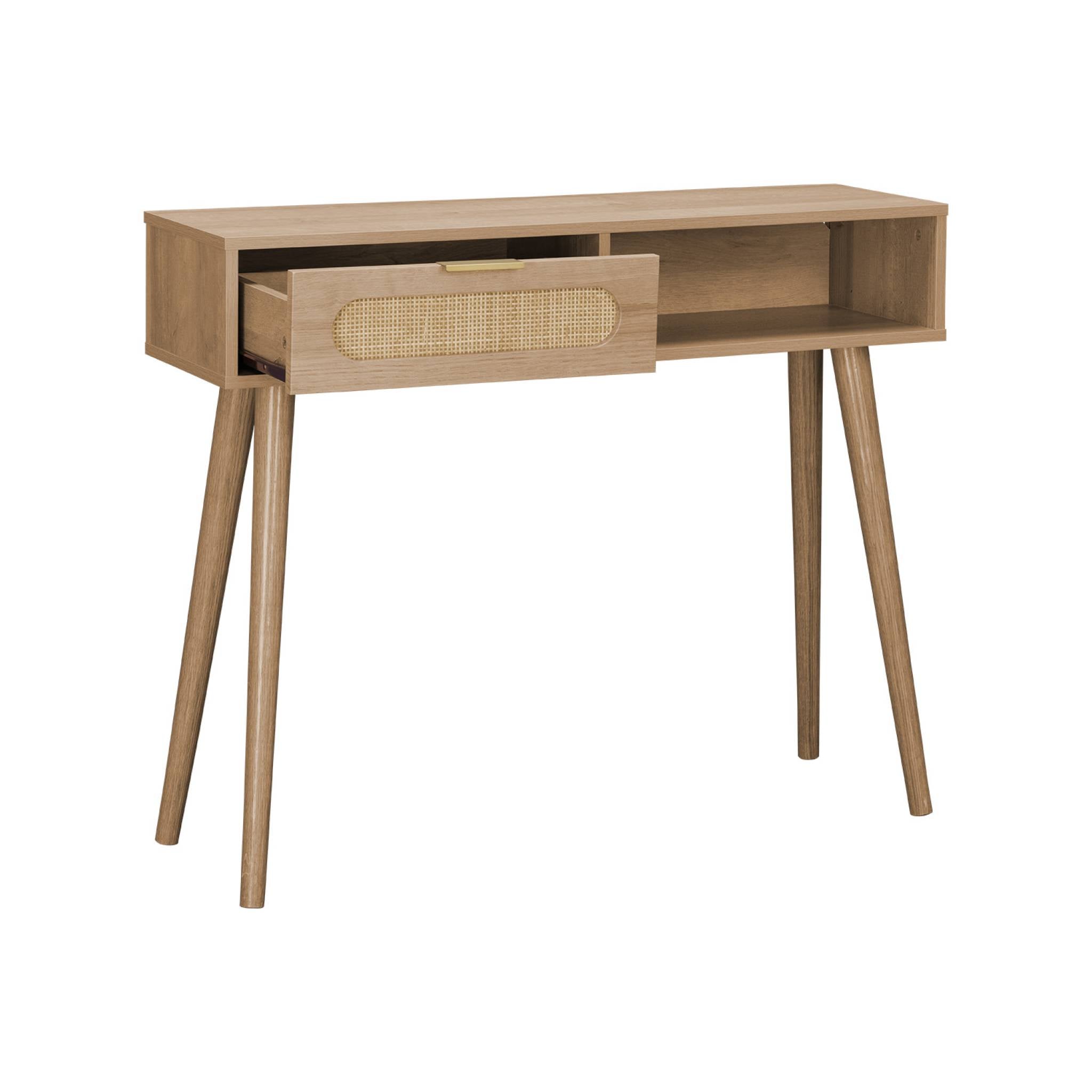 sweeek - Scandinavische console met houtdecor en afgerond riet