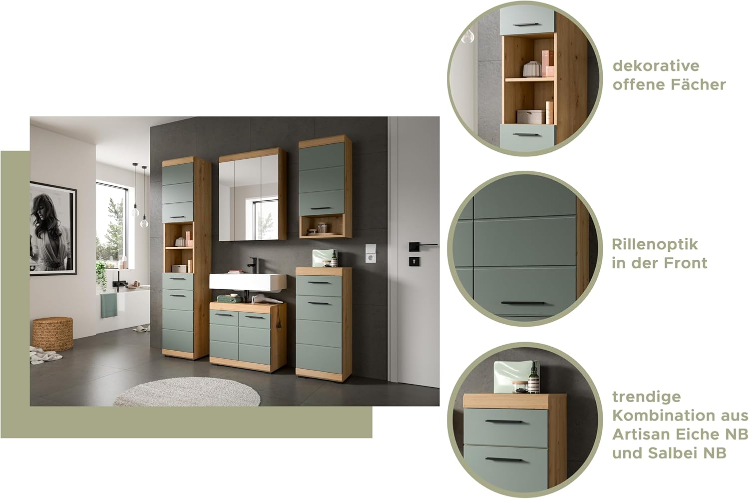 xonox.home Bad Scout X06N3723 Hängeschrank Wandschrank Schrank in Salbei und Artisan Eiche Nachbildung, ca. B/H/T: 74x79x24 cm
