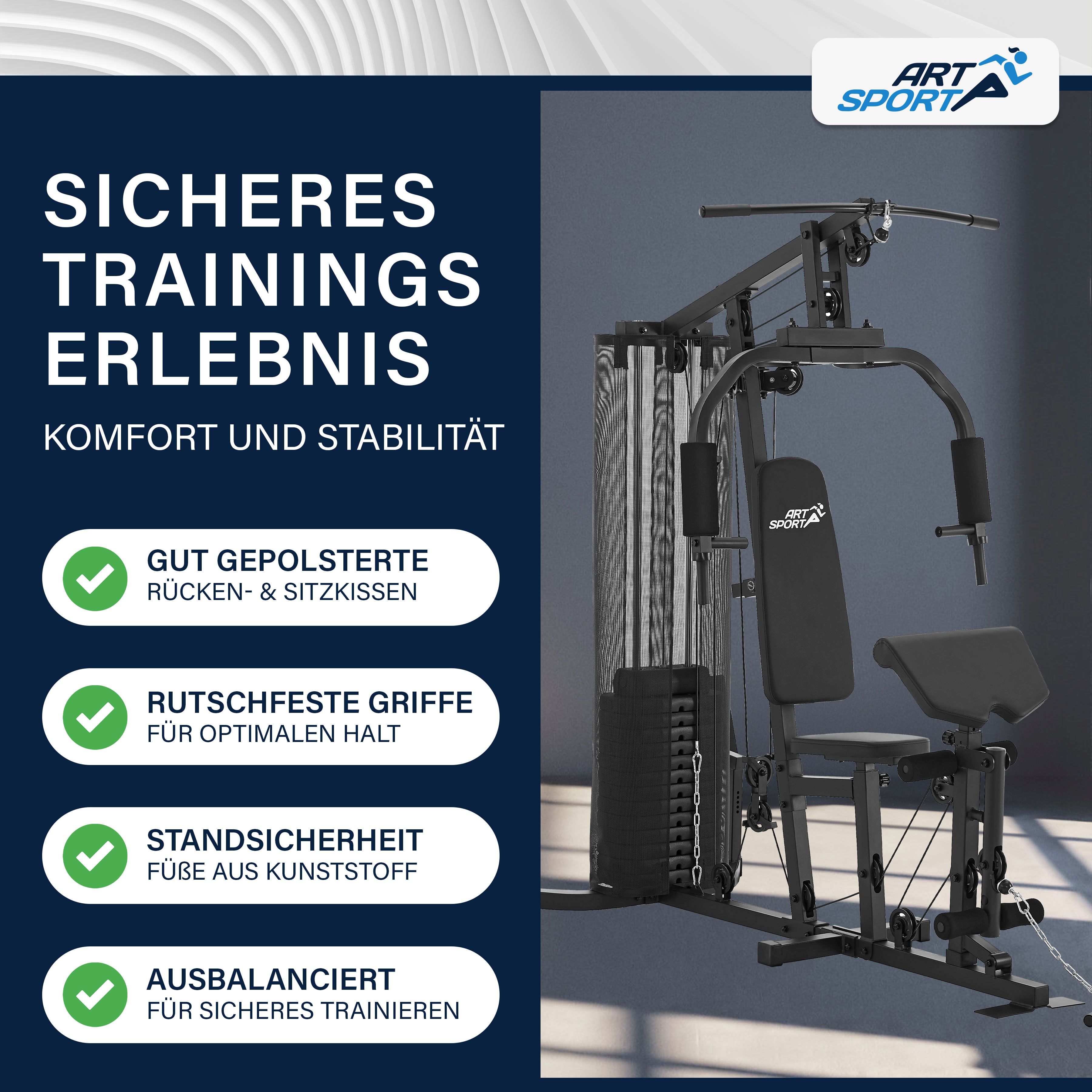 ArtSport Kraftstation ProfiGym 3000 mit 14 Gewichten, 77 kg - Bizeps, Lattzug, Butterfly - Schwarz