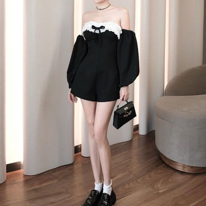 HERMITAKH - Romper met lange mouwen, off-shoulder, tweekleurige strikaccent, ruche rand en wijde pijpen