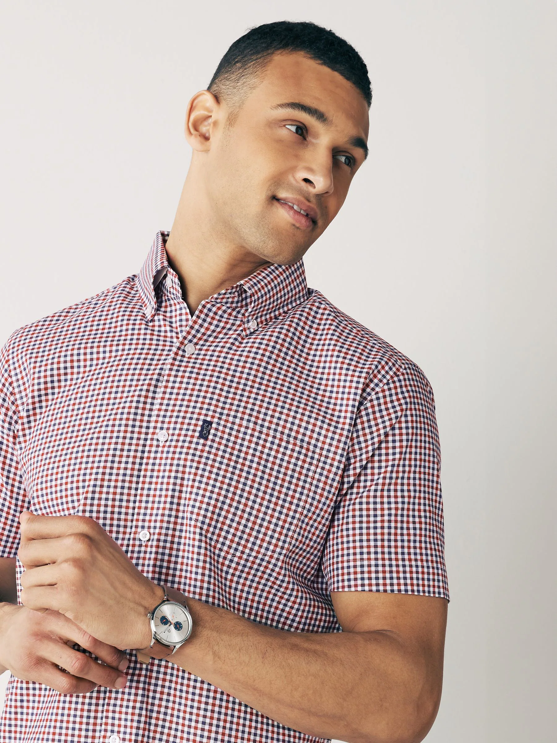 Rood met gingham-ruitje - Strijvrij Oxford overhemd met korte mouwen en knopen