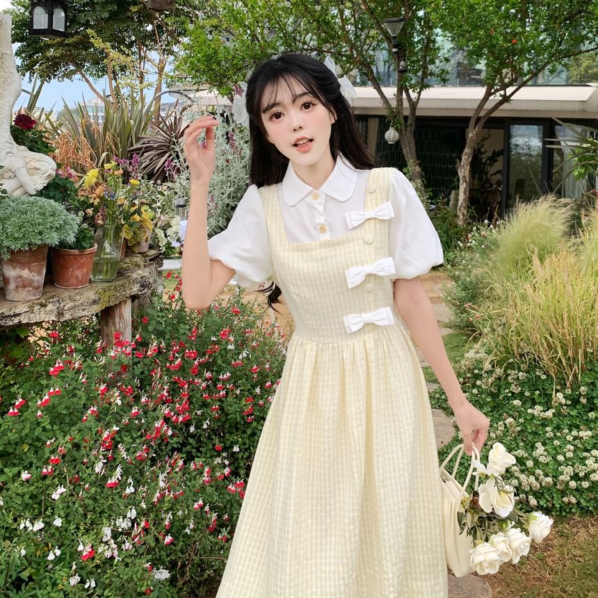 JVL - Mock Two-Piece Short-Mouw Bow Accent Midi A-lijn Jurk