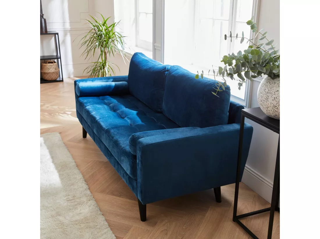 Canapé en velours bleu pétrole. 3 places scandinave fixe. droit. pieds bois noir