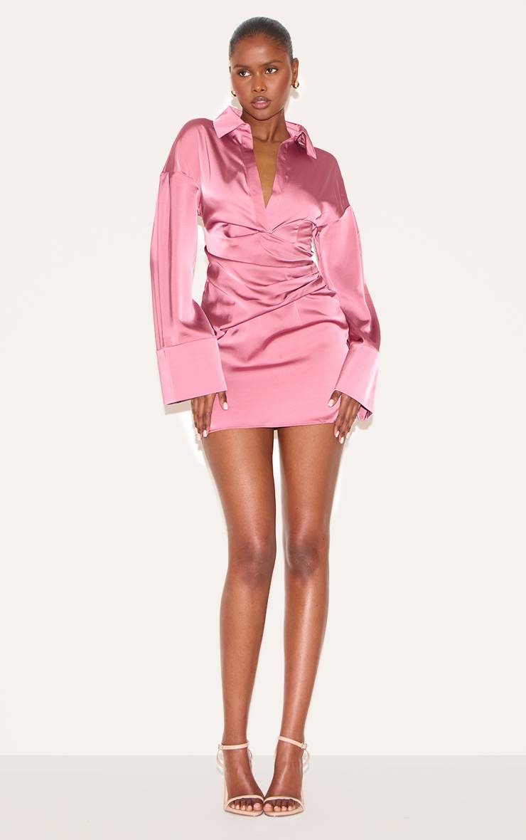 Blush Rose Robe Chemise Premium En Satin À Manches Évasées