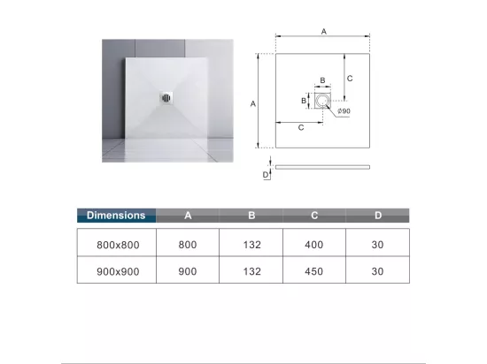Aica receveur de douche carré Blanc 80x80x3cm，Extra plat antidérapant,Receveur extra-plat à poser ou à encastrer avec une grille en inox