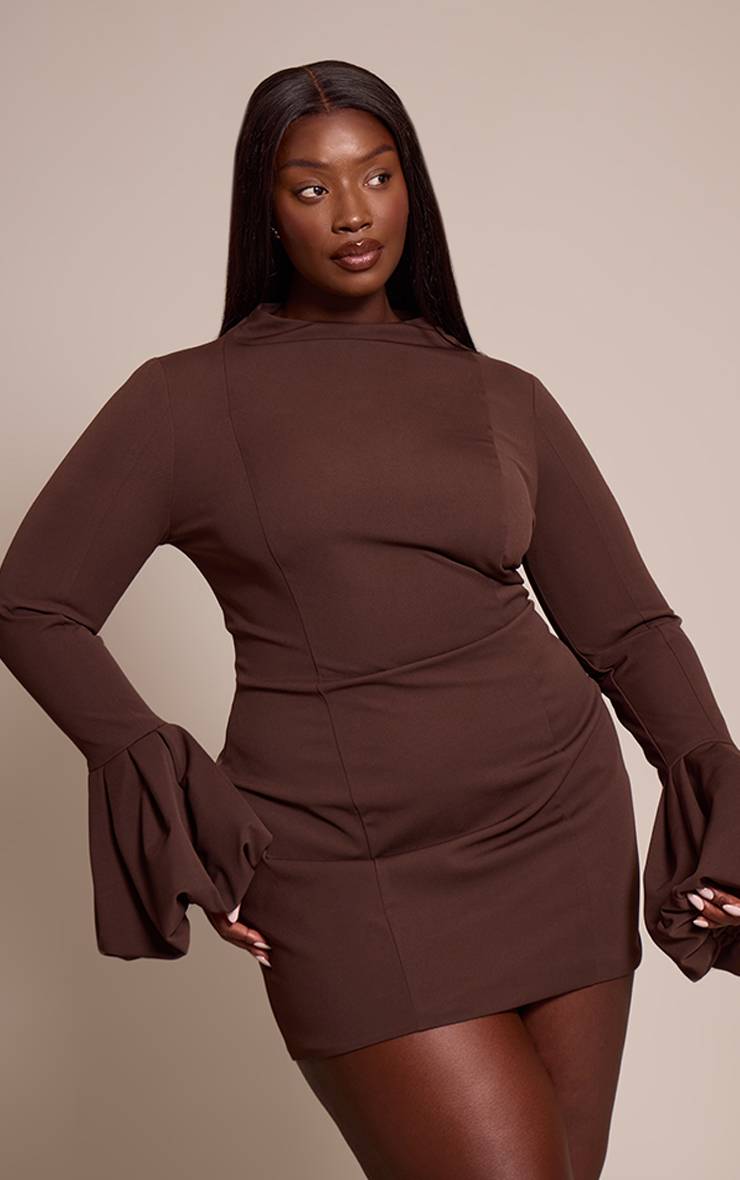 Chocolat Robe Moulante Grande Taille À Col Montant Et Manches Bouffantes