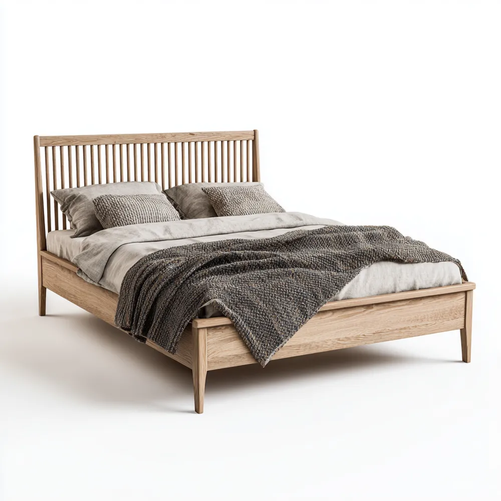 Holzbett mit Matratze und Kissen aus Stoff - Massivholz - Naturfarben