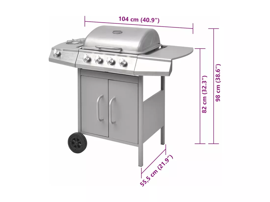 Barbecue à gaz 4 + 1 zone de cuisson Argenté