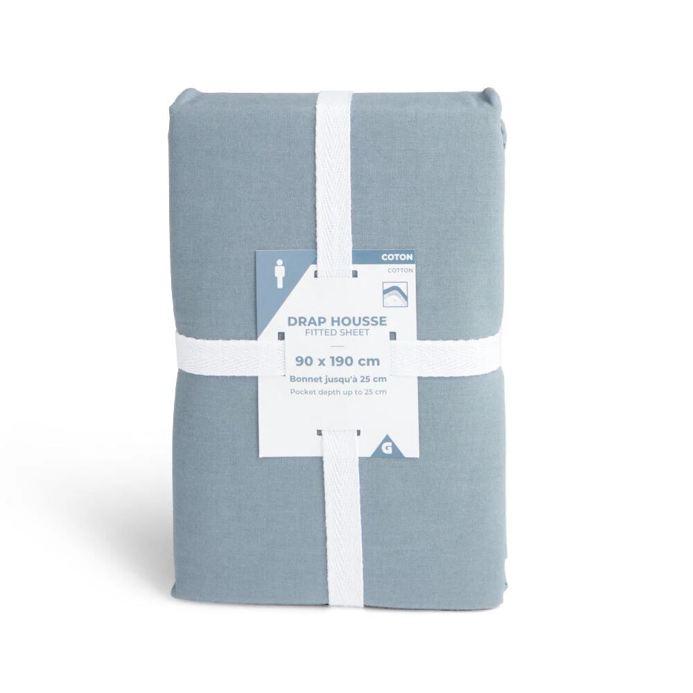 Drap housse 90x190cm 100% coton bleu chiné