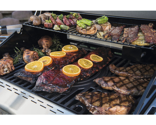 Nexgrill 4-pits gasbarbecue met achterbrander en zijbrander, zwart, inclusief rooster, dekselthermometer, vetopvangbak, grillrooster, hittebestendige handgreep, achterbrander, zijblad, zijtafel en warmhoudrek. Geëmailleerd grillrooster van gietijzer.
