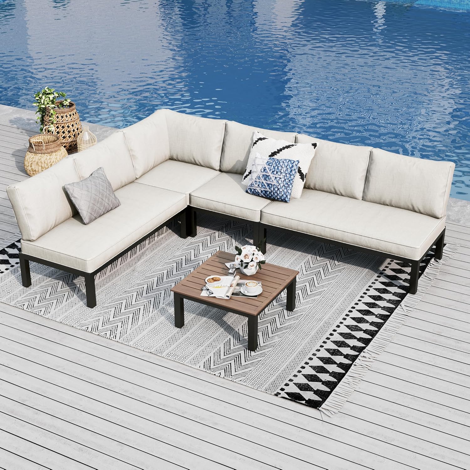 PHI VILLA Gartenmöbel Balkonmöbel Set 5 Teilig, Metall Lounge Möbel Outdoor Gartenlounge Set 6-Sitzer, Terrassenmöbel Modulare Möbel mit Verstärkten Kissen und Kaffeetisch, Beige