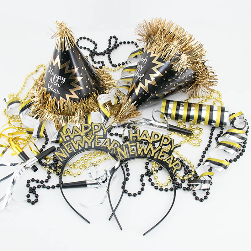(26-tlg. Set) Silvester Party Accessoires Glitzer Haar Schmuck inkl. Haarreif / Hut / Tröte / Halskette / Luftschlange - Silber / Gold / Schwarz