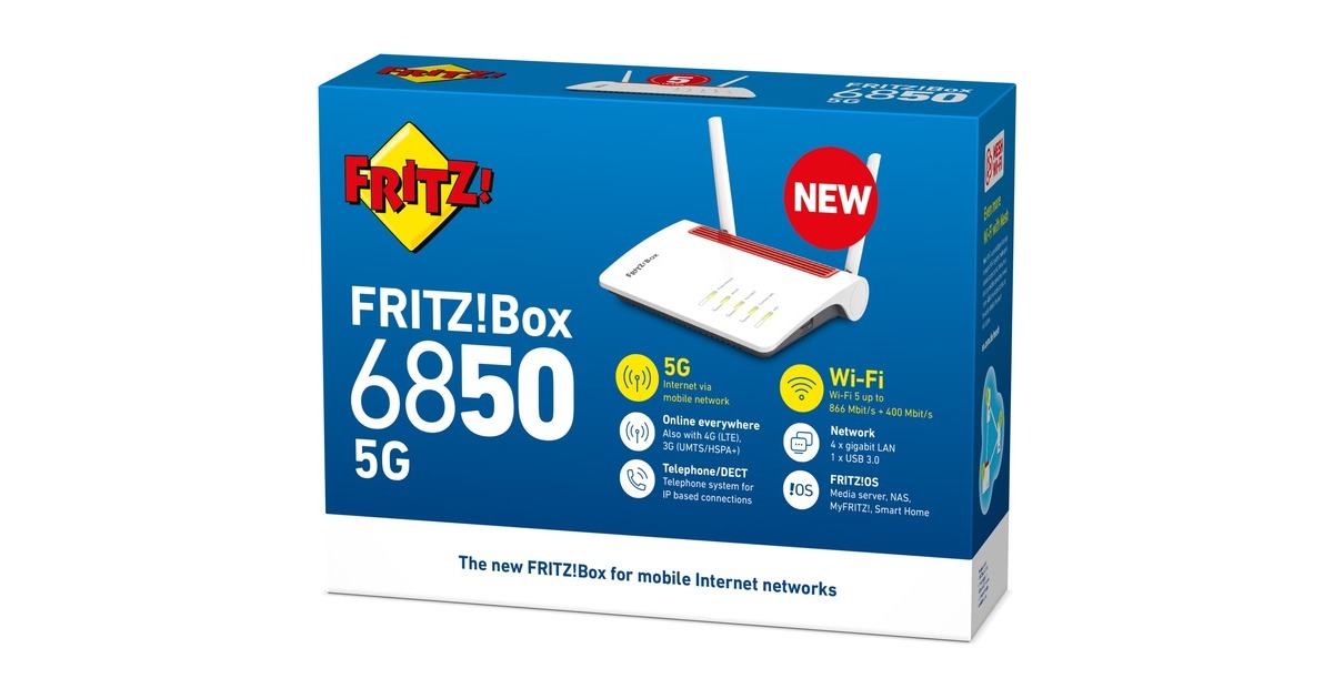 FRITZ!Box 6850 5G International wlan lte router  (Wit/rood, Mesh Wi-Fi, 4G (LTE), 3G (UMTS/HSPA+)