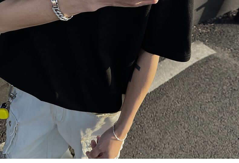 Omozando - T-shirt met korte mouwen, ronde hals, verlaagde schouders, effen ritsdetail en oversized model