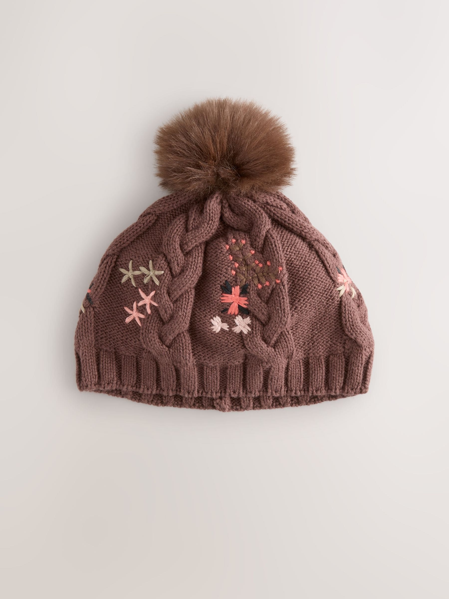 Bruin - Baby muts met geborduurde bloemen en pompon (0mnd-2jr)
