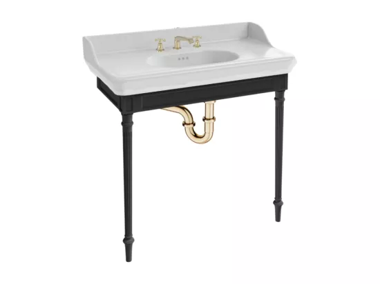 Console JACOB DELAFON Cléo 1889 avec plan vasque 3 trous + mélangeur croisillon lavabo or + siphon or