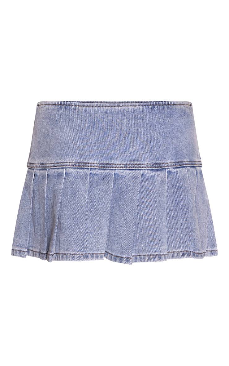Bleu Clair Mini-jupe Plissée En Denim Indigo Brut Taille Mi-haute