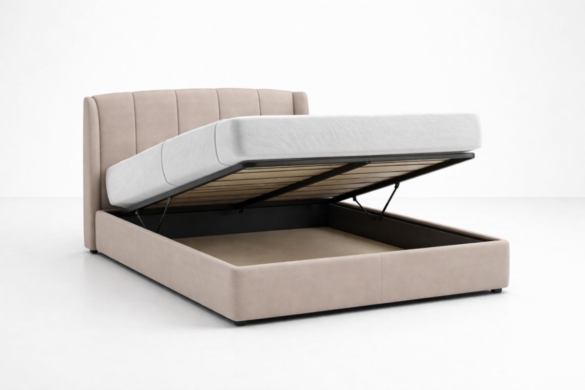 Bett mit Stauraum und Hebemechanismus, Stahlrahmen mit Bezug aus Polyester-Polsterstoff – Beige