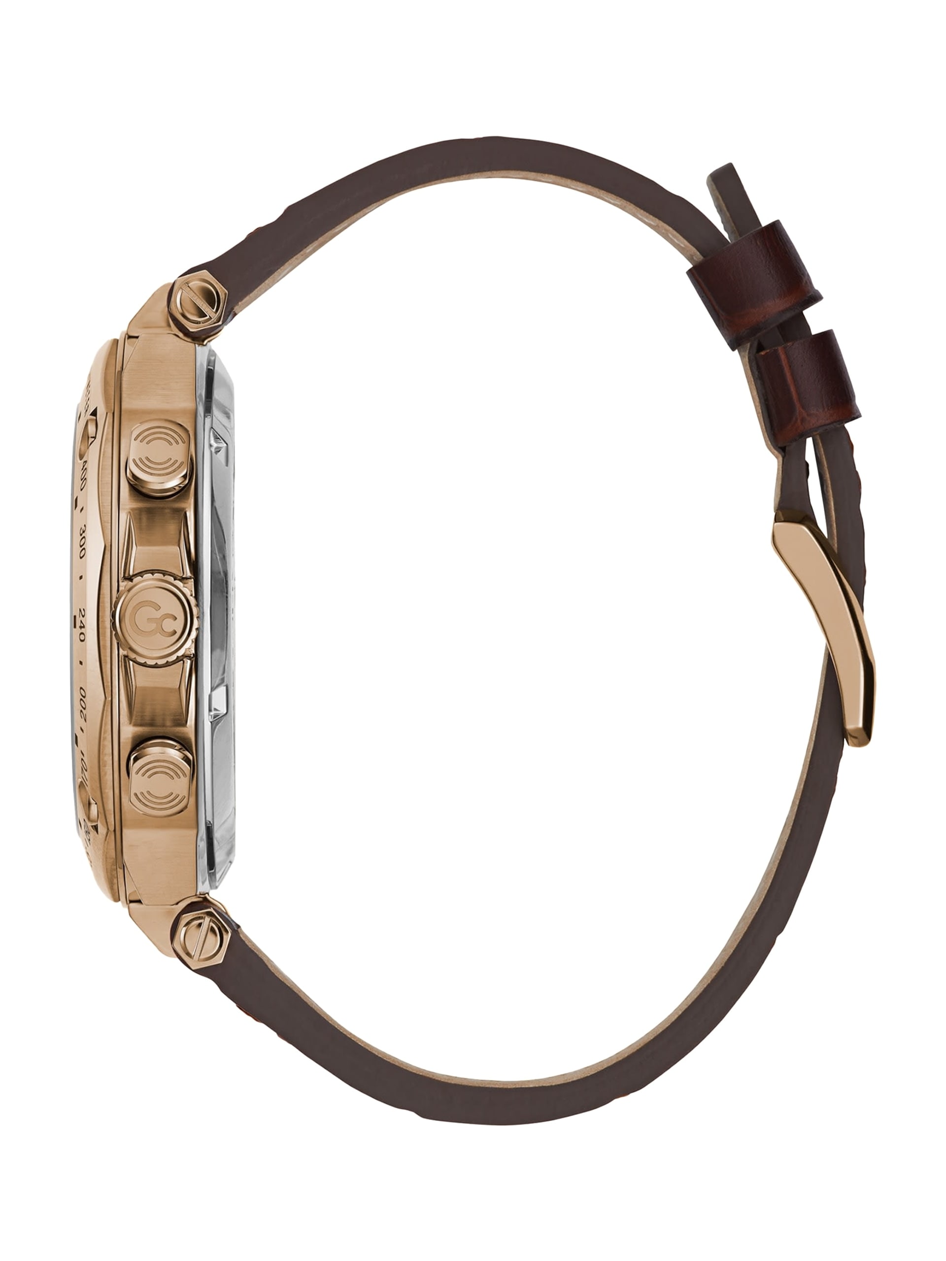 Relógio cronógrafo Gc dourado com pulseira de couro marrom