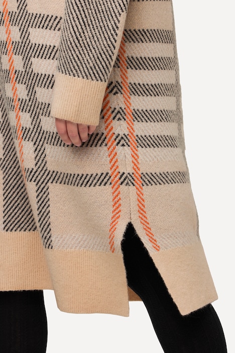 Strickkleid, Karo, Stehkragen, Langarm, Wollanteil
