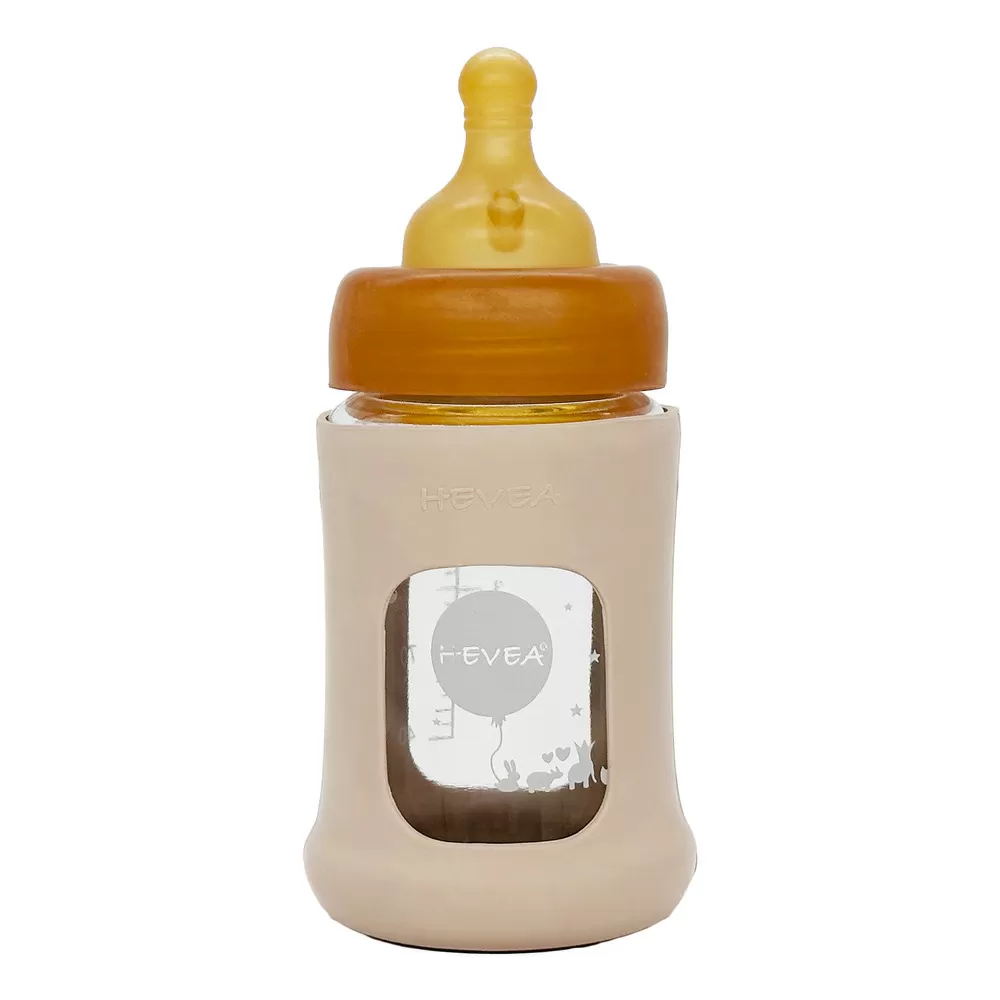 Hevea Glas Sutteflaske Wide Neck med Sleeve 150 ml, Sand - 1 stk.