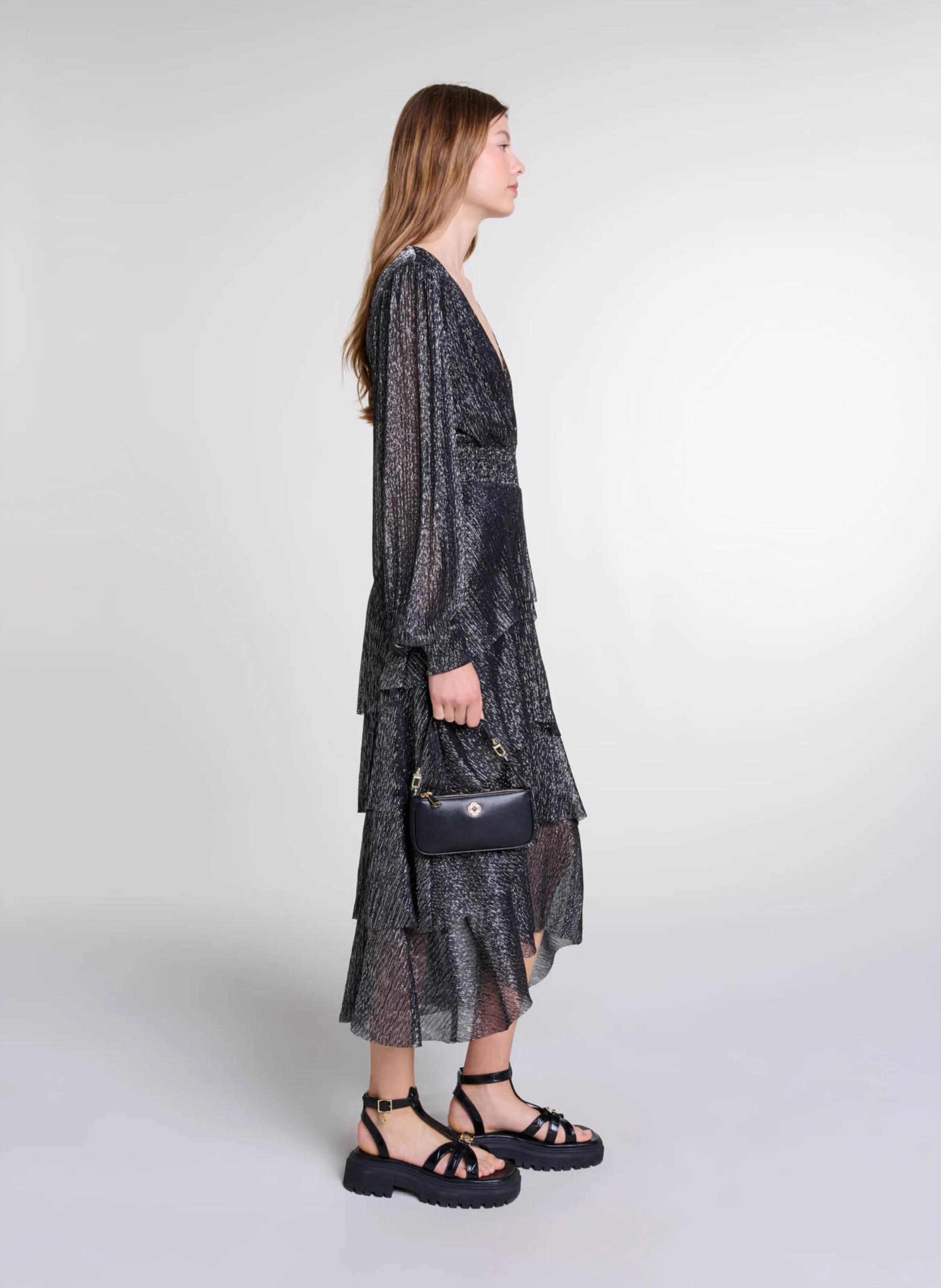 Robe longue col V pailletée | Noir
