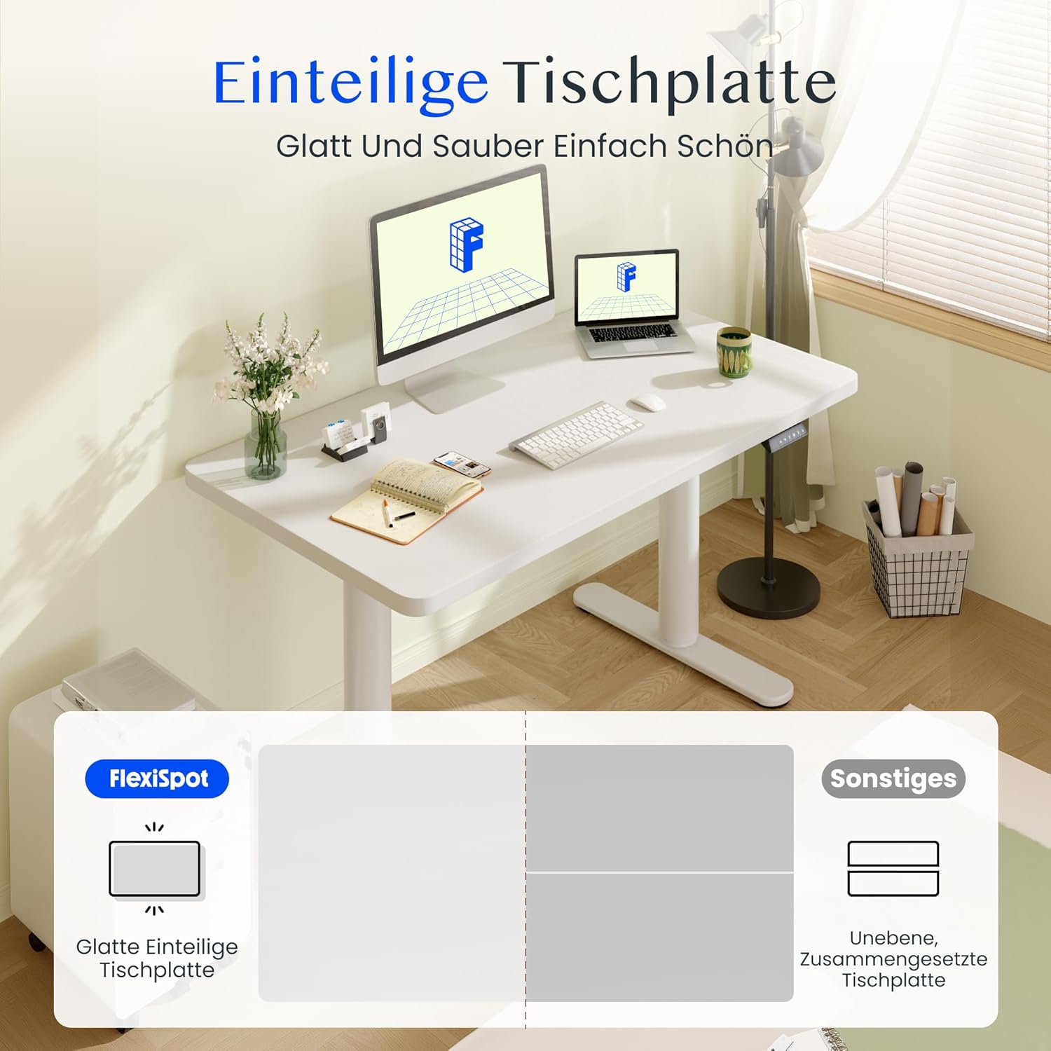 FLEXISPOT Höhenverstellbarer Schreibtisch mit runden Tischbeinen – ästhetischer Sitz-Steh-Arbeitsplatz mit ausgewogenen Proportionen und ruhiger Präsenz, 100×60 cm (Weiß + Weiß)