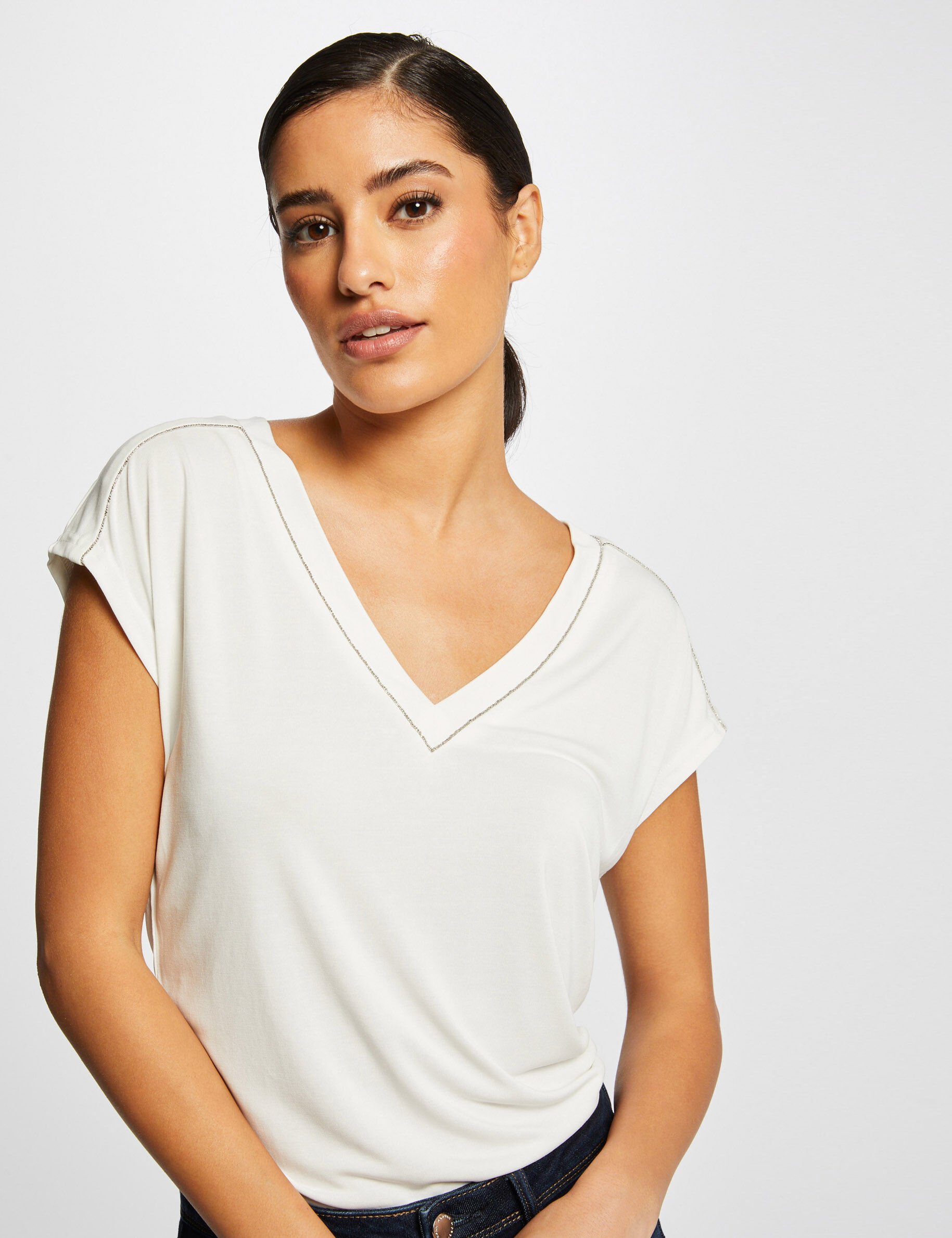 T-shirt manches courtes à col en V ecru femme - ecru