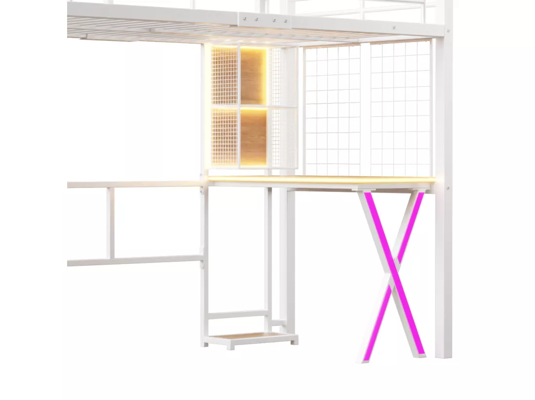 Lit mezzanine 90x200cm avec LED - bureau + penderie + échelle de rangement - Blanc