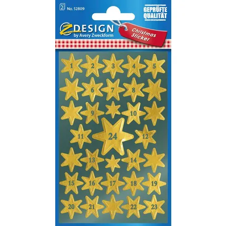 Avery Zweckform Z-Design 52809 Weihnachtssticker, Sterne mit Zahlen (1-24), 2 Bogen/66 Sticker