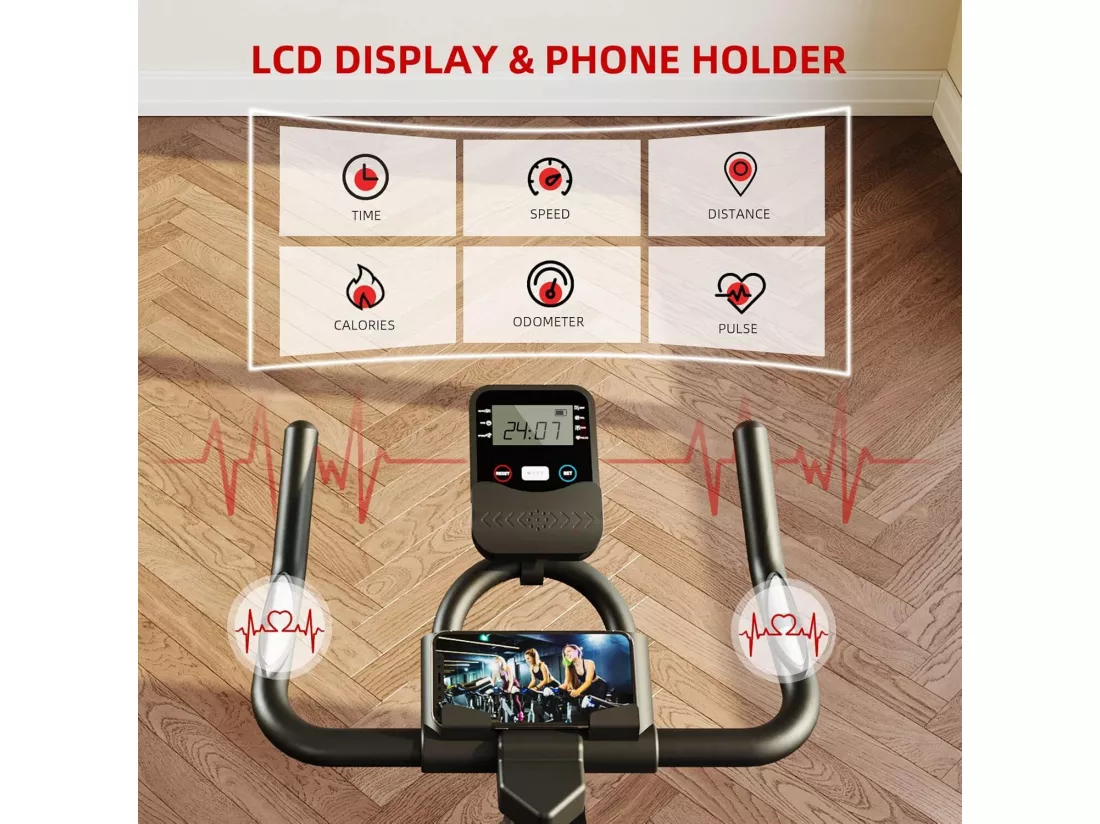Vélo d'Appartement DripeX, vélo spinning avec roue d'inertie 8Kg, avec Siège Réglable et Moniteur LCD, capteur fréquence cardiaque
