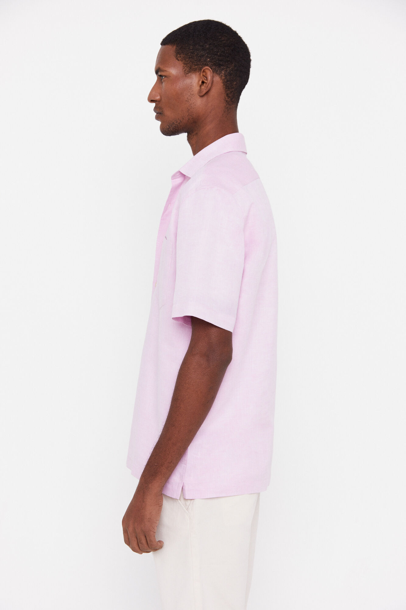 Camisa lisa de linho e algodão de manga curta - Rosa