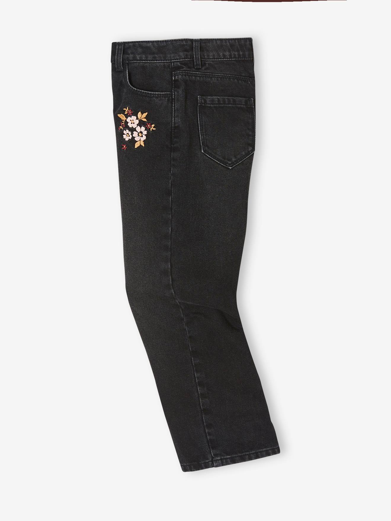 Calças de ganga de pernas largas bordadas com flores, para raparigas, pretas lisas com motivos.