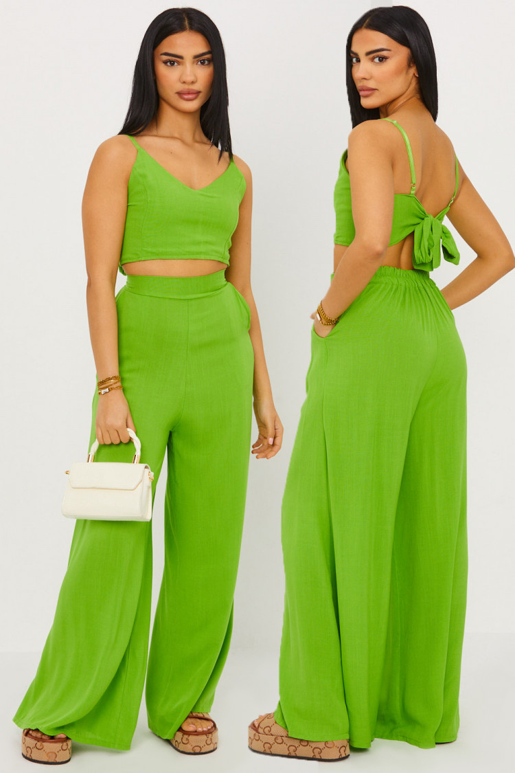 Ensemble effet lin 2 pièces crop top + pantalon vert clair