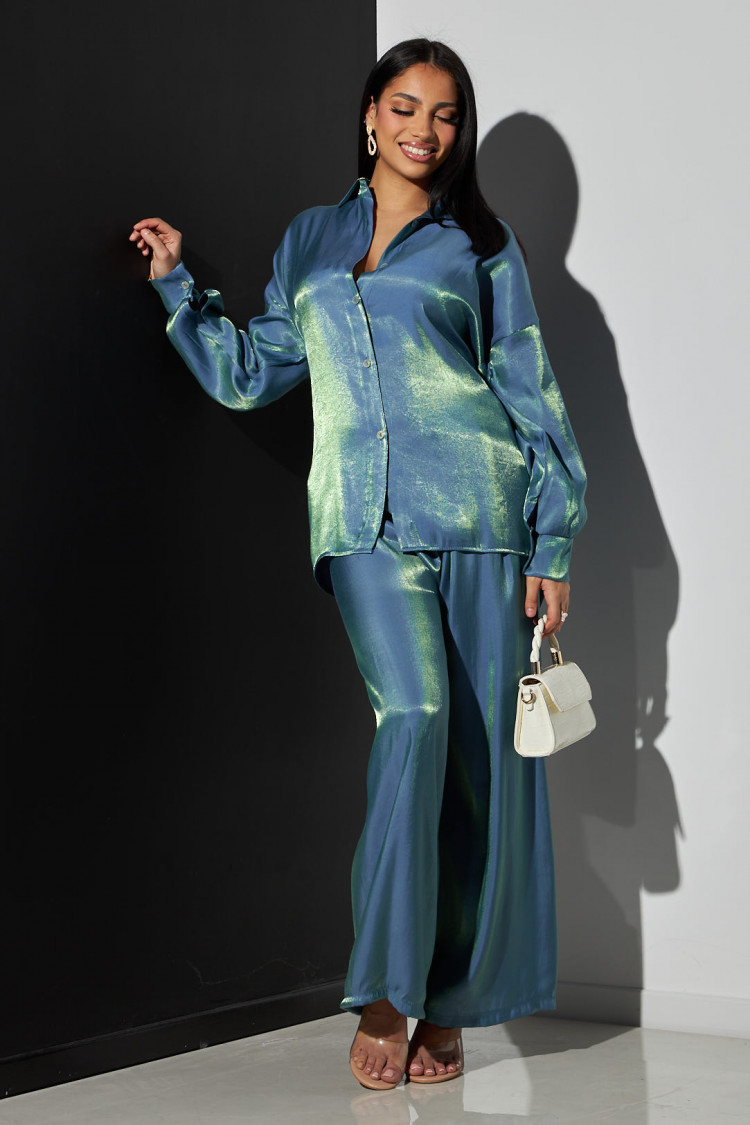Ensemble 2 pièces chemise + pantalon satiné bleu