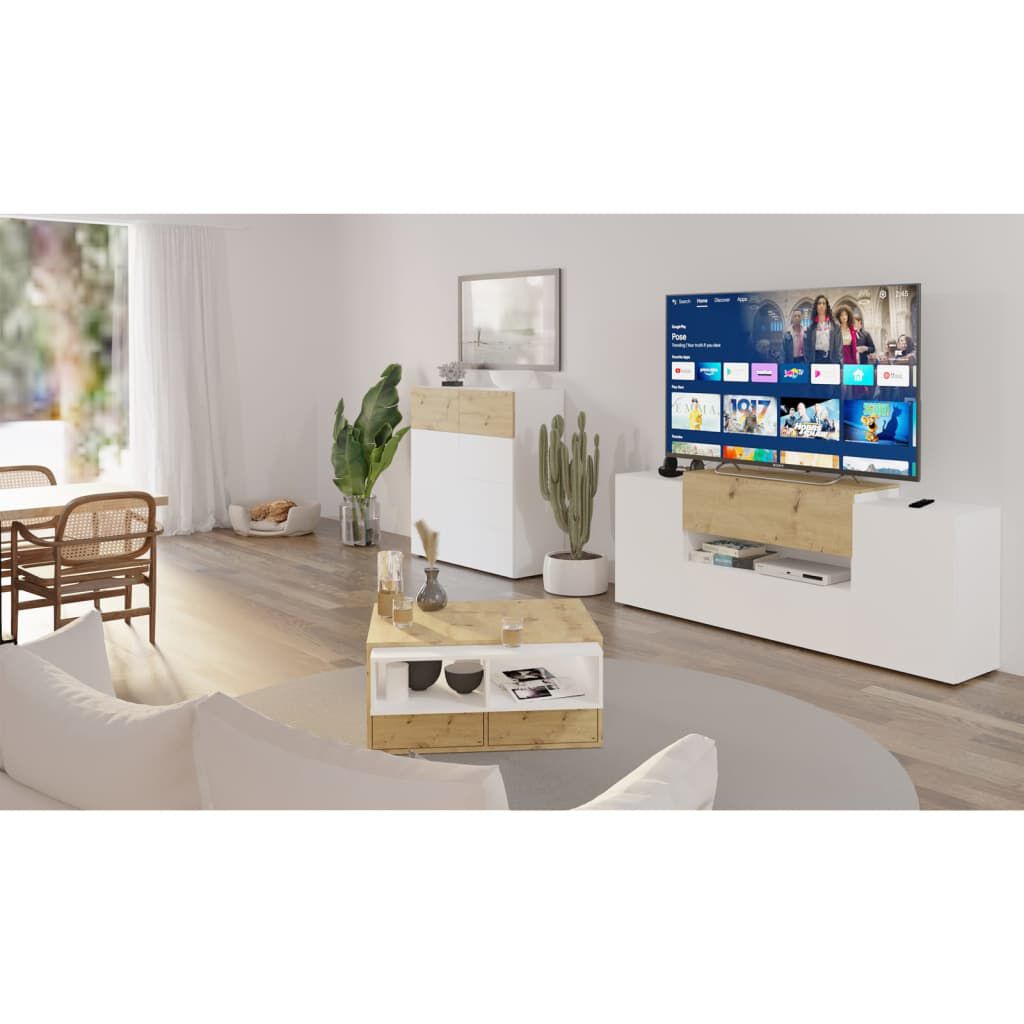 FMD Salontafel met 2 compartimenten, 91,8x71,5x45 cm, wit en eiken