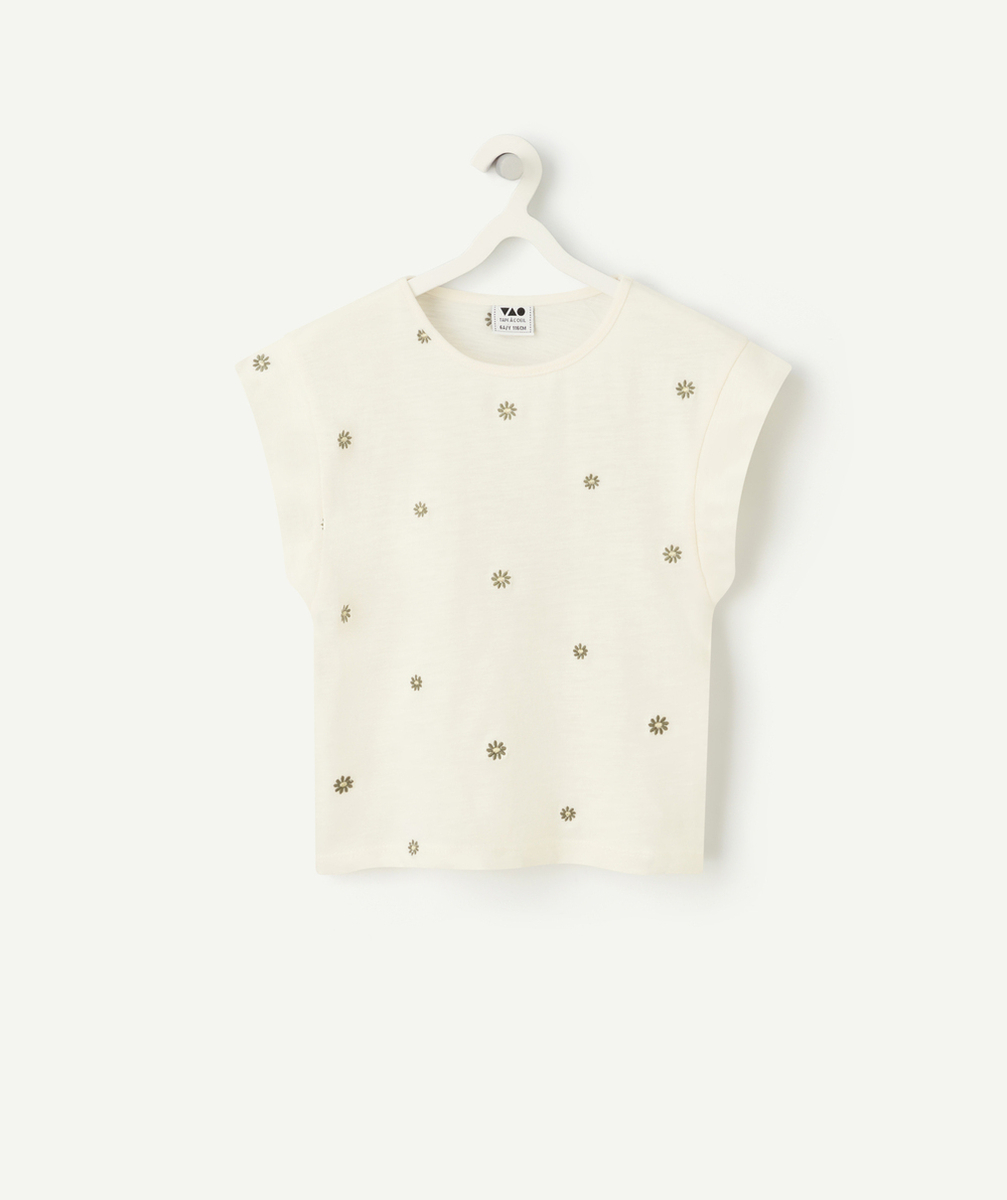 t-shirt manches courtes fille en coton biologique écru avec marguerites brodé
